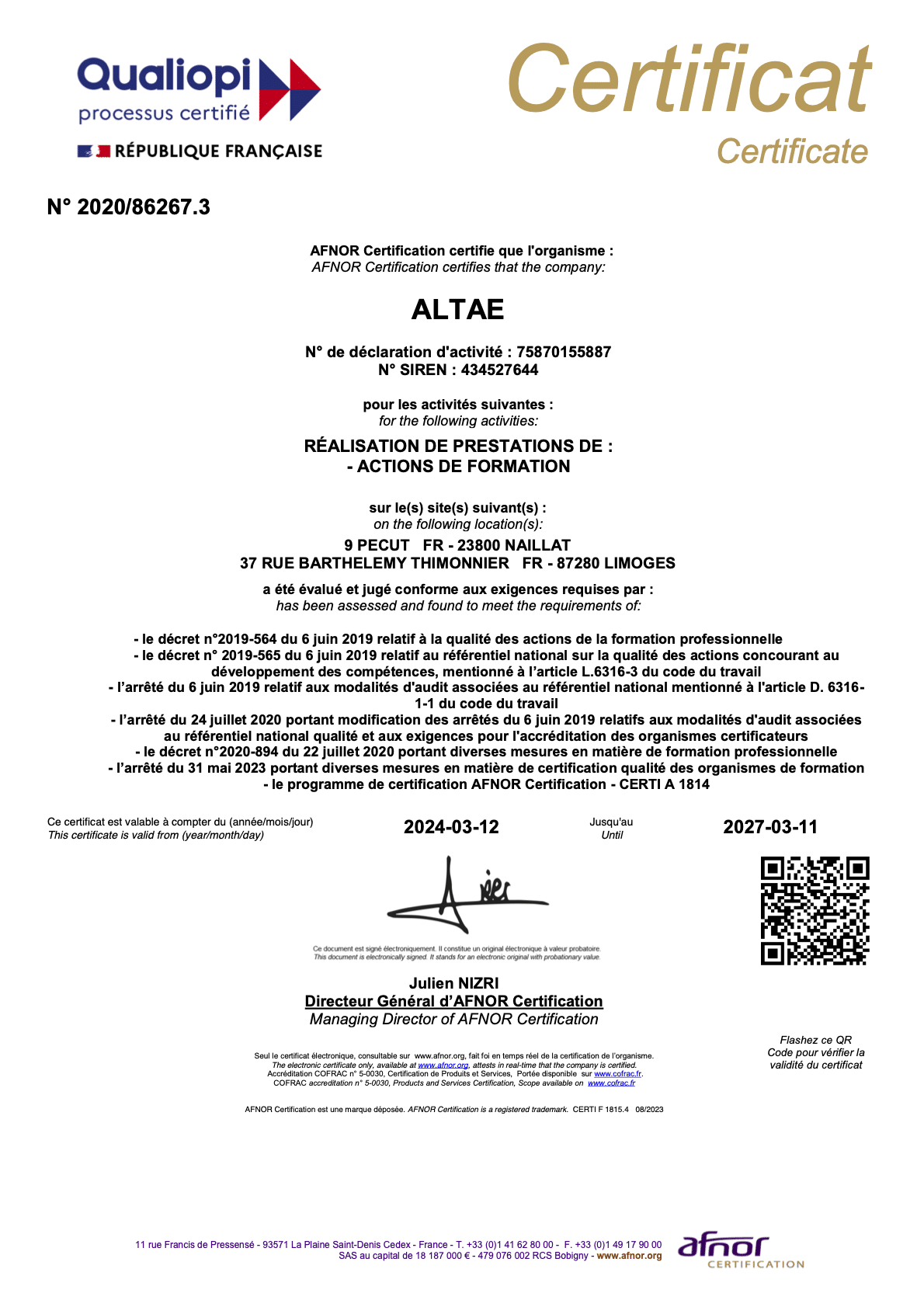certificat-ALTAE-QUALIOPI Charte déontologique