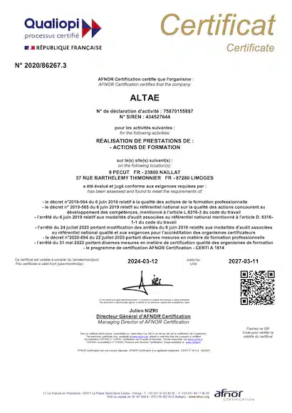 centre langues qualité : certificat Qualiopi Altaé Langues